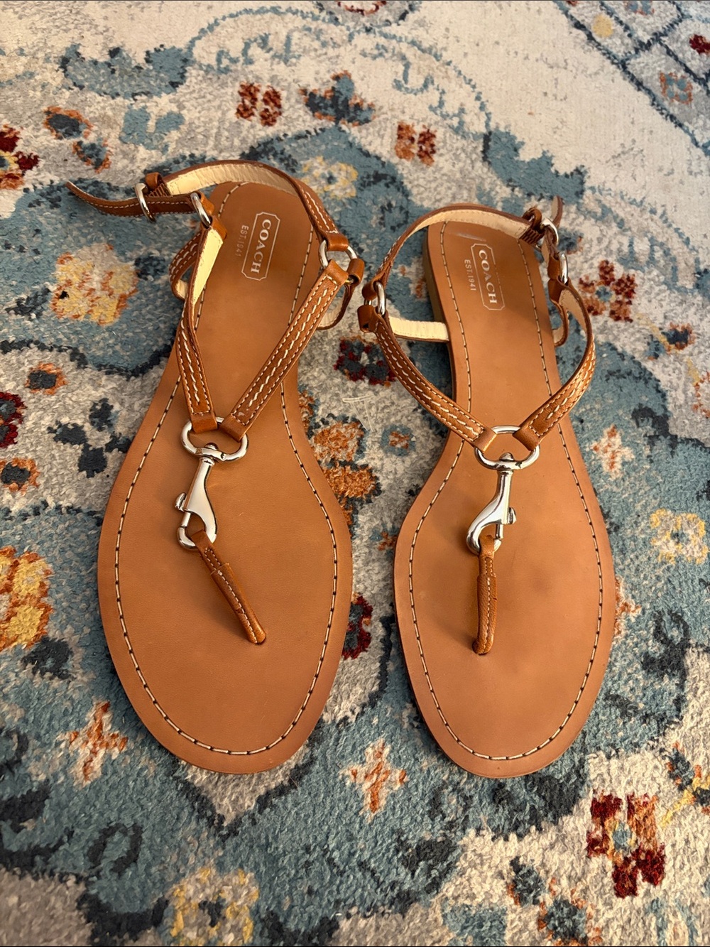 Coach Brown Leather T-Strap Sandals with Silver Hardware